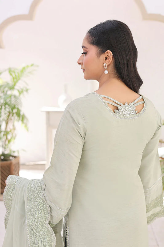 Pista embroidered 3-piece Pakistani suit featuring a straight-cut raw silk kurta with full lining, matching raw silk palazzo trousers, and a chiffon dupatta.