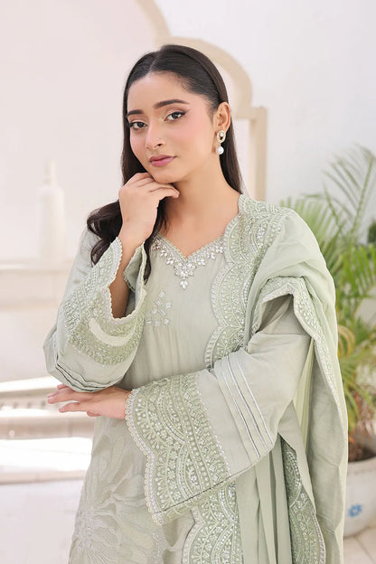Pista embroidered 3-piece Pakistani suit featuring a straight-cut raw silk kurta with full lining, matching raw silk palazzo trousers, and a chiffon dupatta.