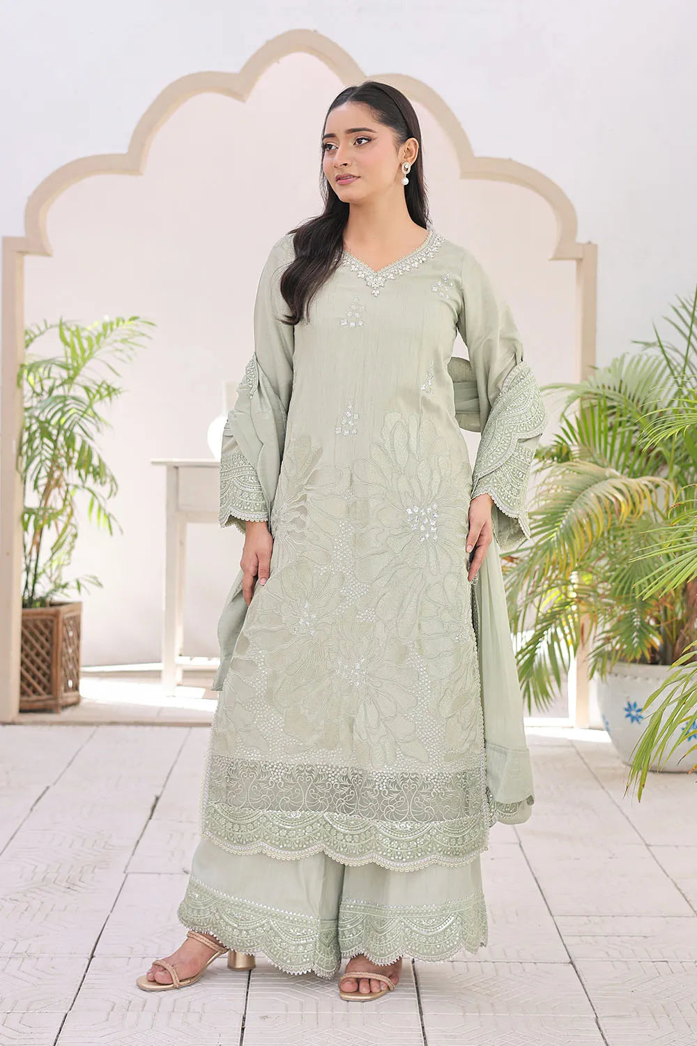 Pista embroidered 3-piece Pakistani suit featuring a straight-cut raw silk kurta with full lining, matching raw silk palazzo trousers, and a chiffon dupatta.