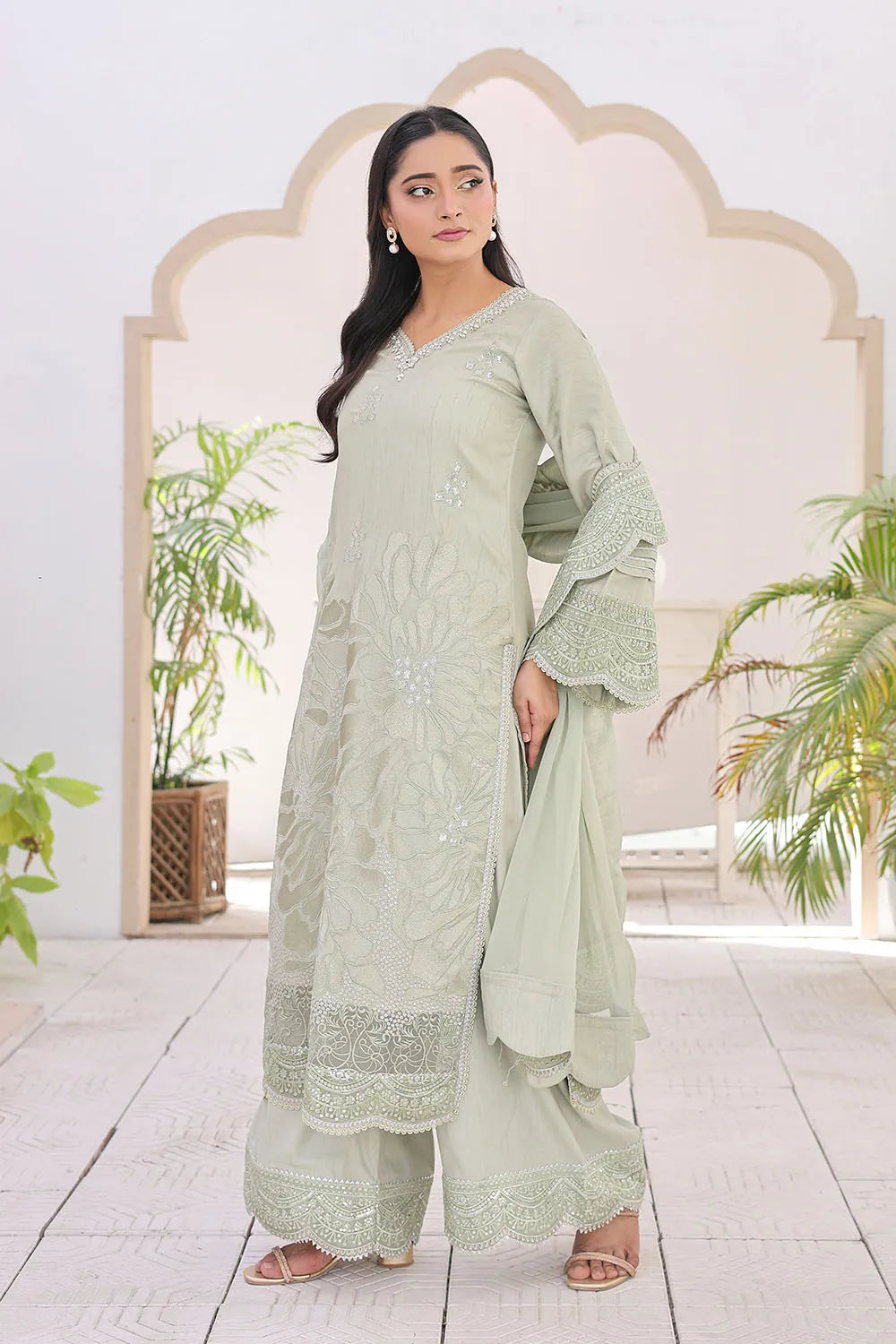 Pista embroidered 3-piece Pakistani suit featuring a straight-cut raw silk kurta with full lining, matching raw silk palazzo trousers, and a chiffon dupatta.