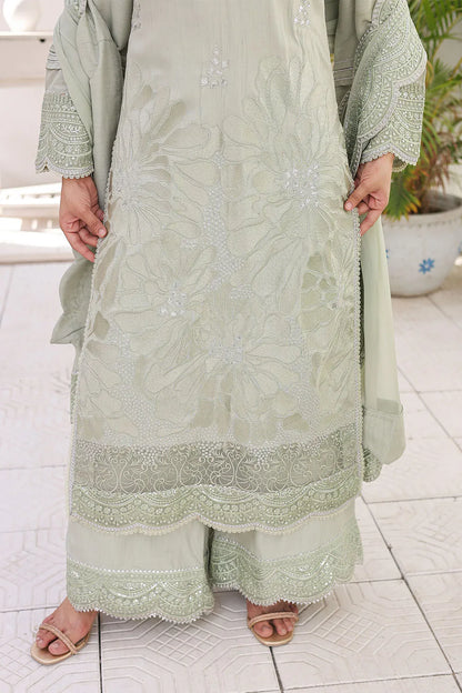 Pista embroidered 3-piece Pakistani suit featuring a straight-cut raw silk kurta with full lining, matching raw silk palazzo trousers, and a chiffon dupatta.