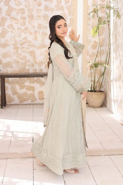 Pistachio three-piece embroidered frock featuring Khaddi Net fabric, full lining, Crepe straight trousers, and a matching Khaddi Net dupatta.
