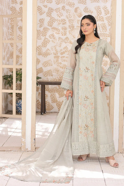 Pistachio three-piece embroidered frock featuring Khaddi Net fabric, full lining, Crepe straight trousers, and a matching Khaddi Net dupatta.