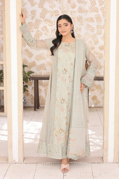 Pistachio three-piece embroidered frock featuring Khaddi Net fabric, full lining, Crepe straight trousers, and a matching Khaddi Net dupatta.
