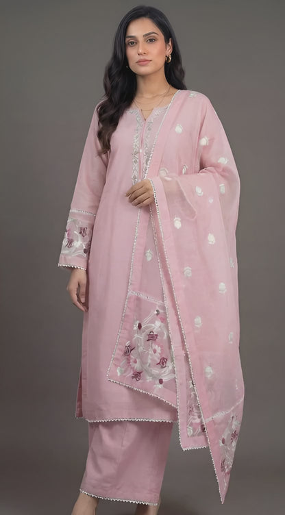 Embroidered Straight Khadi Silk Kurta Set with Plazzo & Organza Dupatta