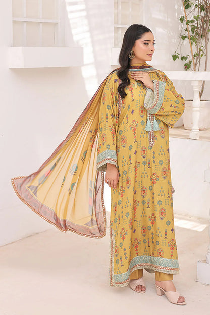 Mustard printed 3-piece Pakistani suit with long Bana Dora kaftan, straight Bana Dora trousers and chiffon dupatta