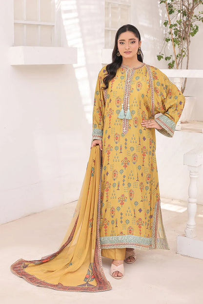 Mustard printed 3-piece Pakistani suit with long Bana Dora kaftan, straight Bana Dora trousers and chiffon dupatta