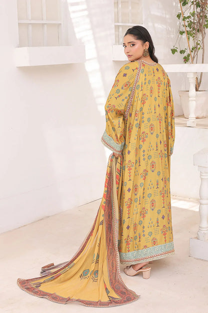 Mustard printed 3-piece Pakistani suit with long Bana Dora kaftan, straight Bana Dora trousers and chiffon dupatta