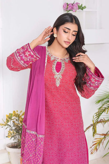 Shocking Pink three-piece women's suit featuring a Bandhani Chunri print short chiffon kurti with keyhole neckline, wide-flared crepe palazzo trousers, and chiffon dupatta with patchwork pallu.