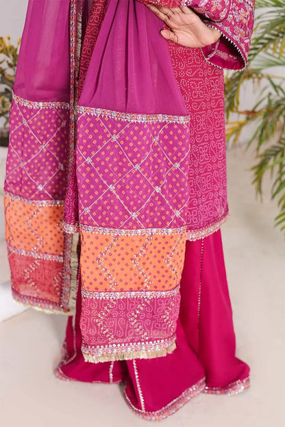 Shocking Pink three-piece women's suit featuring a Bandhani Chunri print short chiffon kurti with keyhole neckline, wide-flared crepe palazzo trousers, and chiffon dupatta with patchwork pallu.