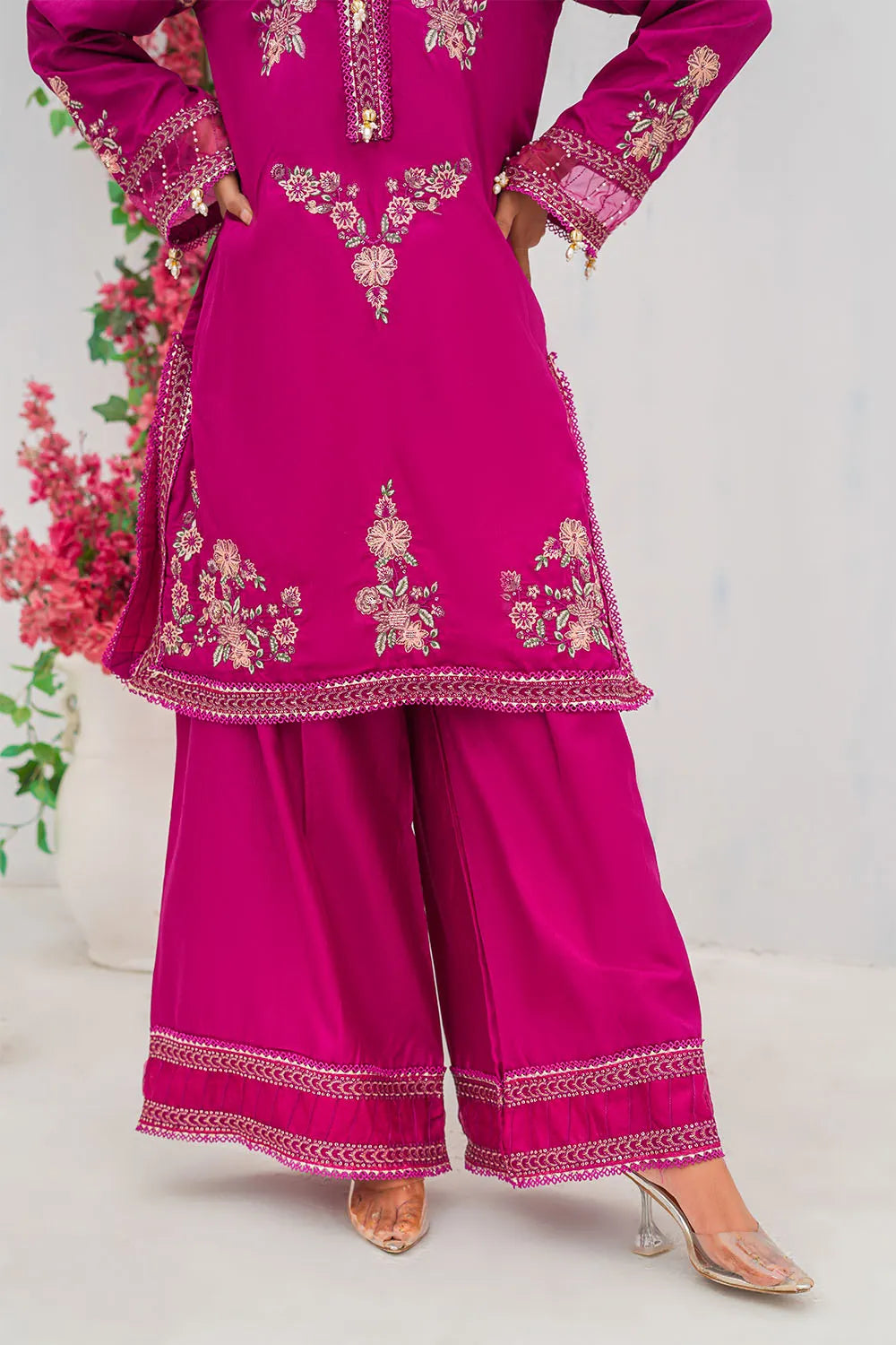 Shocking pink embroidered 3-piece Pakistani suit with straight-cut Russian silk kurta, Malai lining, Russian silk palazzo and pure organza dupatta