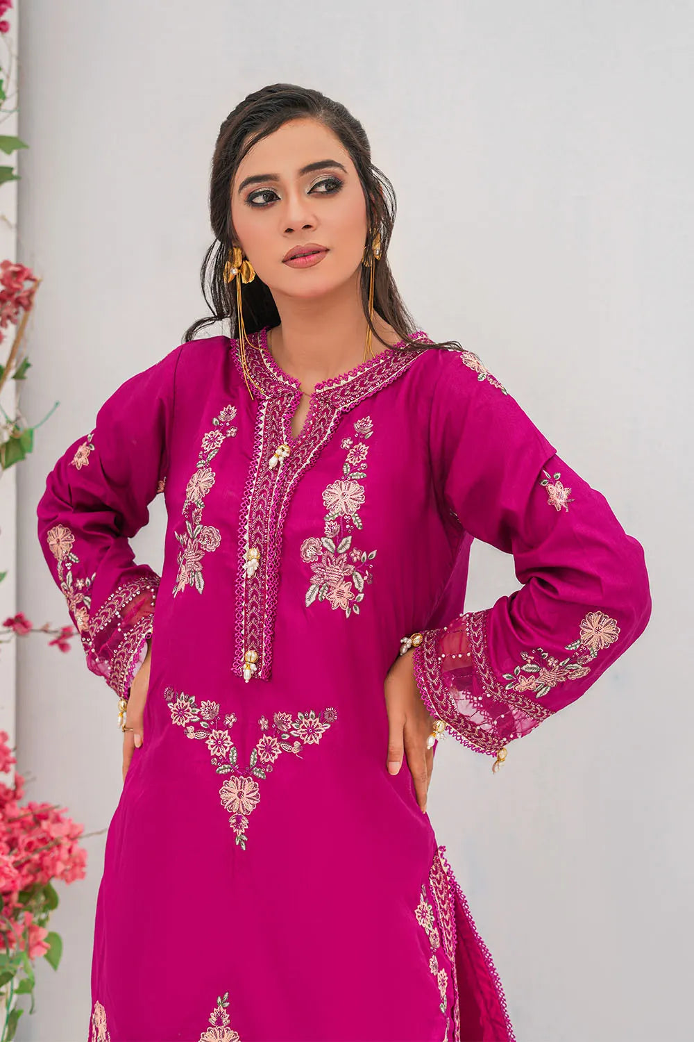 Shocking pink embroidered 3-piece Pakistani suit with straight-cut Russian silk kurta, Malai lining, Russian silk palazzo and pure organza dupatta