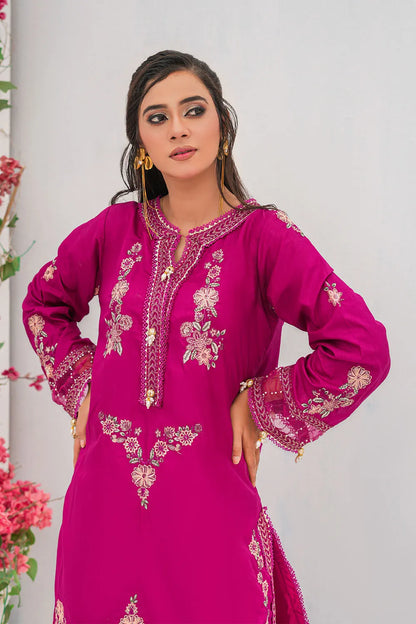Shocking pink embroidered 3-piece Pakistani suit with straight-cut Russian silk kurta, Malai lining, Russian silk palazzo and pure organza dupatta