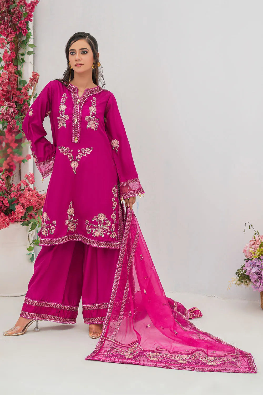Shocking pink embroidered 3-piece Pakistani suit with straight-cut Russian silk kurta, Malai lining, Russian silk palazzo and pure organza dupatta