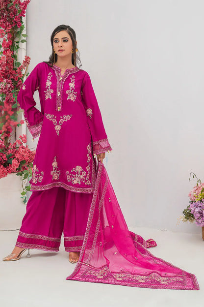 Shocking pink embroidered 3-piece Pakistani suit with straight-cut Russian silk kurta, Malai lining, Russian silk palazzo and pure organza dupatta