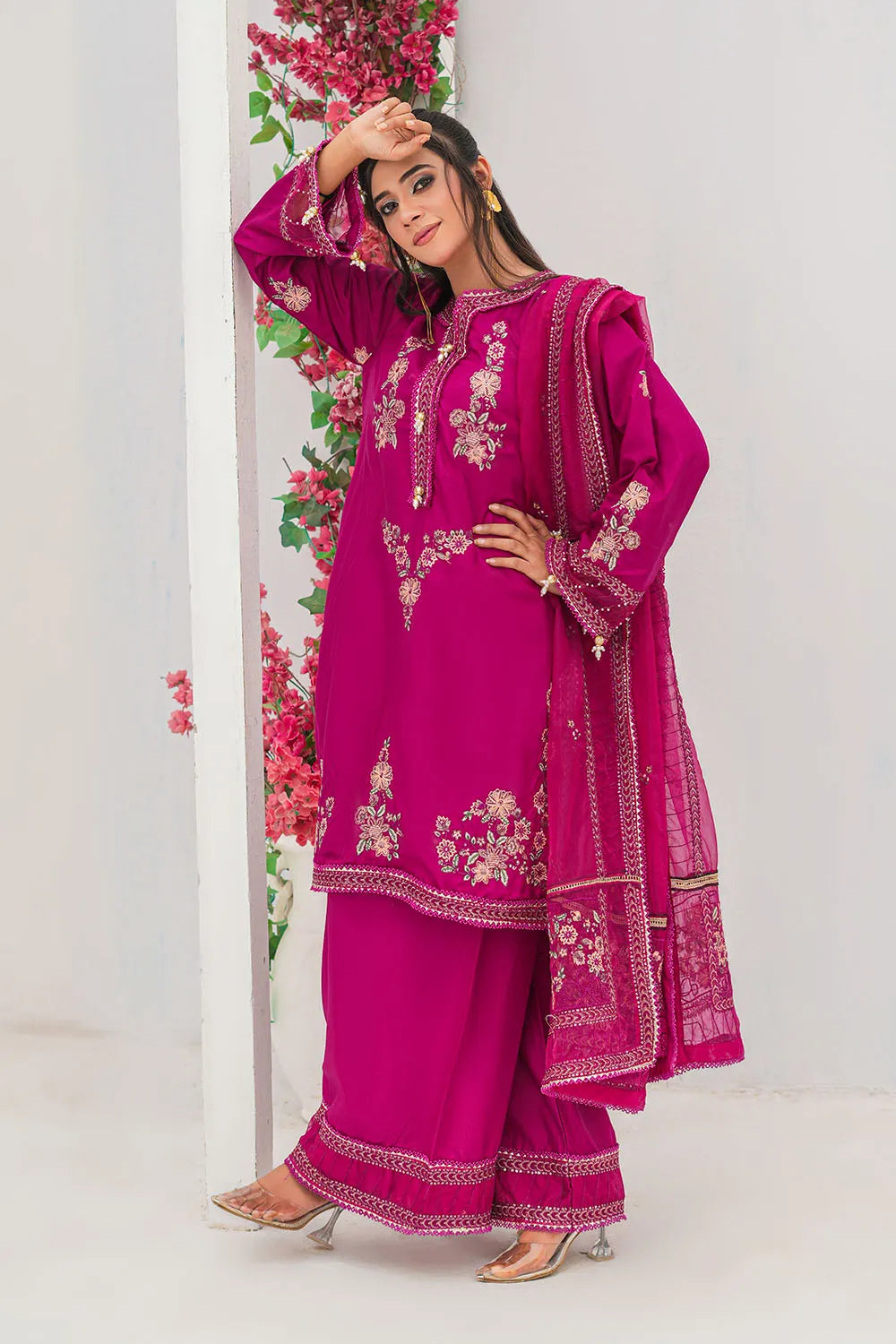 Shocking pink embroidered 3-piece Pakistani suit with straight-cut Russian silk kurta, Malai lining, Russian silk palazzo and pure organza dupatta
