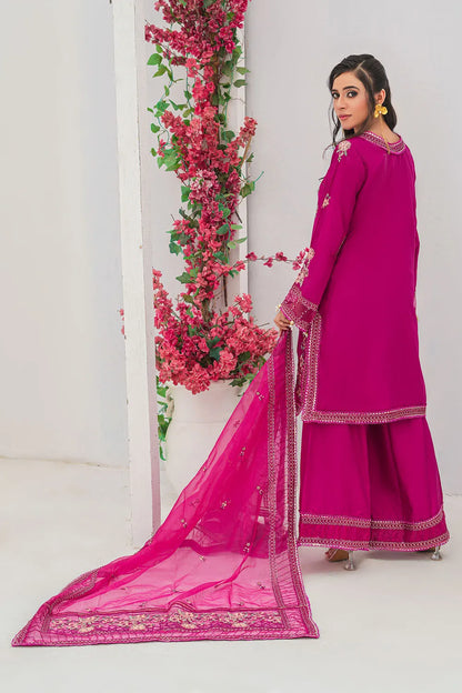 Shocking pink embroidered 3-piece Pakistani suit with straight-cut Russian silk kurta, Malai lining, Russian silk palazzo and pure organza dupatta