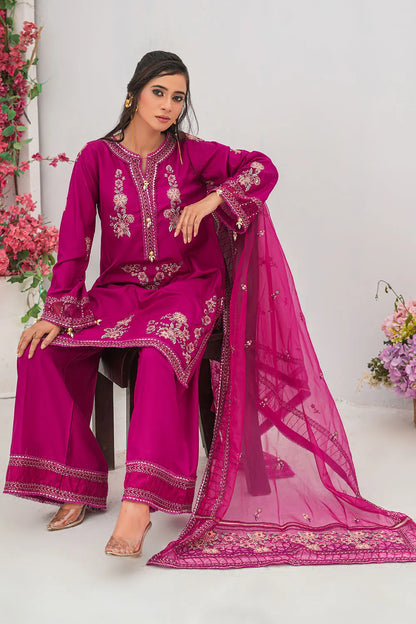 Shocking pink embroidered 3-piece Pakistani suit with straight-cut Russian silk kurta, Malai lining, Russian silk palazzo and pure organza dupatta