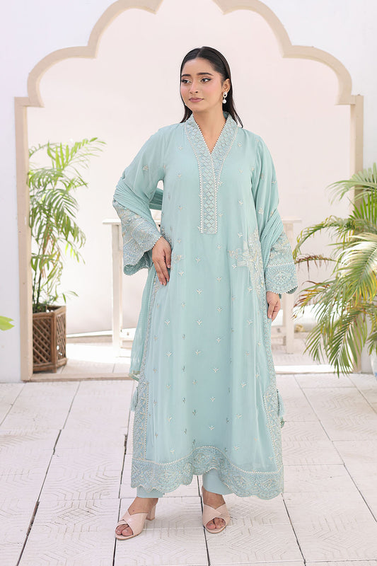 Sky blue embroidered 3-piece Pakistani suit featuring a long chiffon kaftan with full lining, straight Grip trousers, and a matching chiffon dupatta.