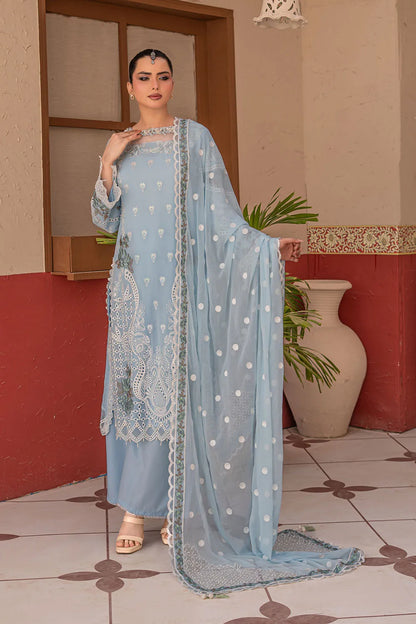 Sky blue embroidered 3-piece Pakistani suit featuring a straight-cut chiffon kurta with full lining, crepe palazzo trousers, and a matching chiffon dupatta.