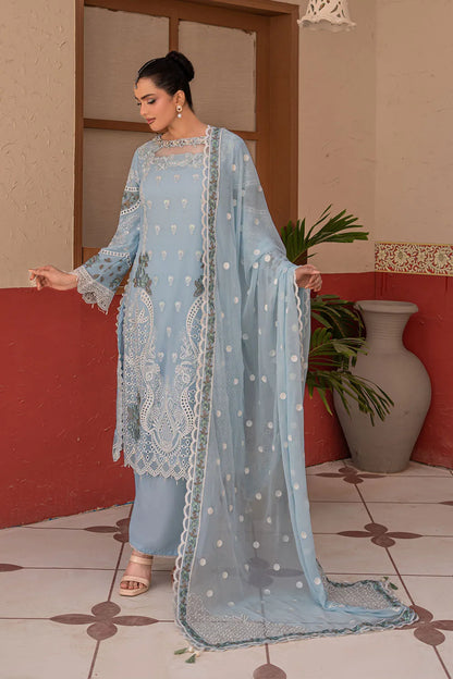 Sky blue embroidered 3-piece Pakistani suit featuring a straight-cut chiffon kurta with full lining, crepe palazzo trousers, and a matching chiffon dupatta.