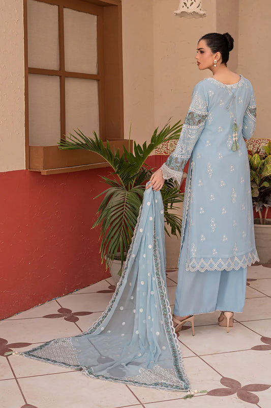 Sky blue embroidered 3-piece Pakistani suit featuring a straight-cut chiffon kurta with full lining, crepe palazzo trousers, and a matching chiffon dupatta.
