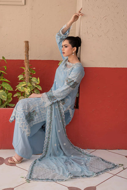 Sky blue embroidered 3-piece Pakistani suit featuring a straight-cut chiffon kurta with full lining, crepe palazzo trousers, and a matching chiffon dupatta.