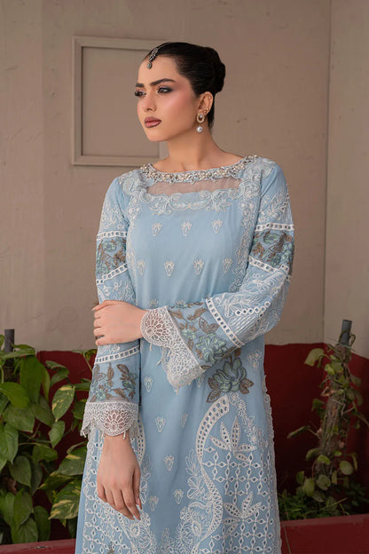 Sky blue embroidered 3-piece Pakistani suit featuring a straight-cut chiffon kurta with full lining, crepe palazzo trousers, and a matching chiffon dupatta.