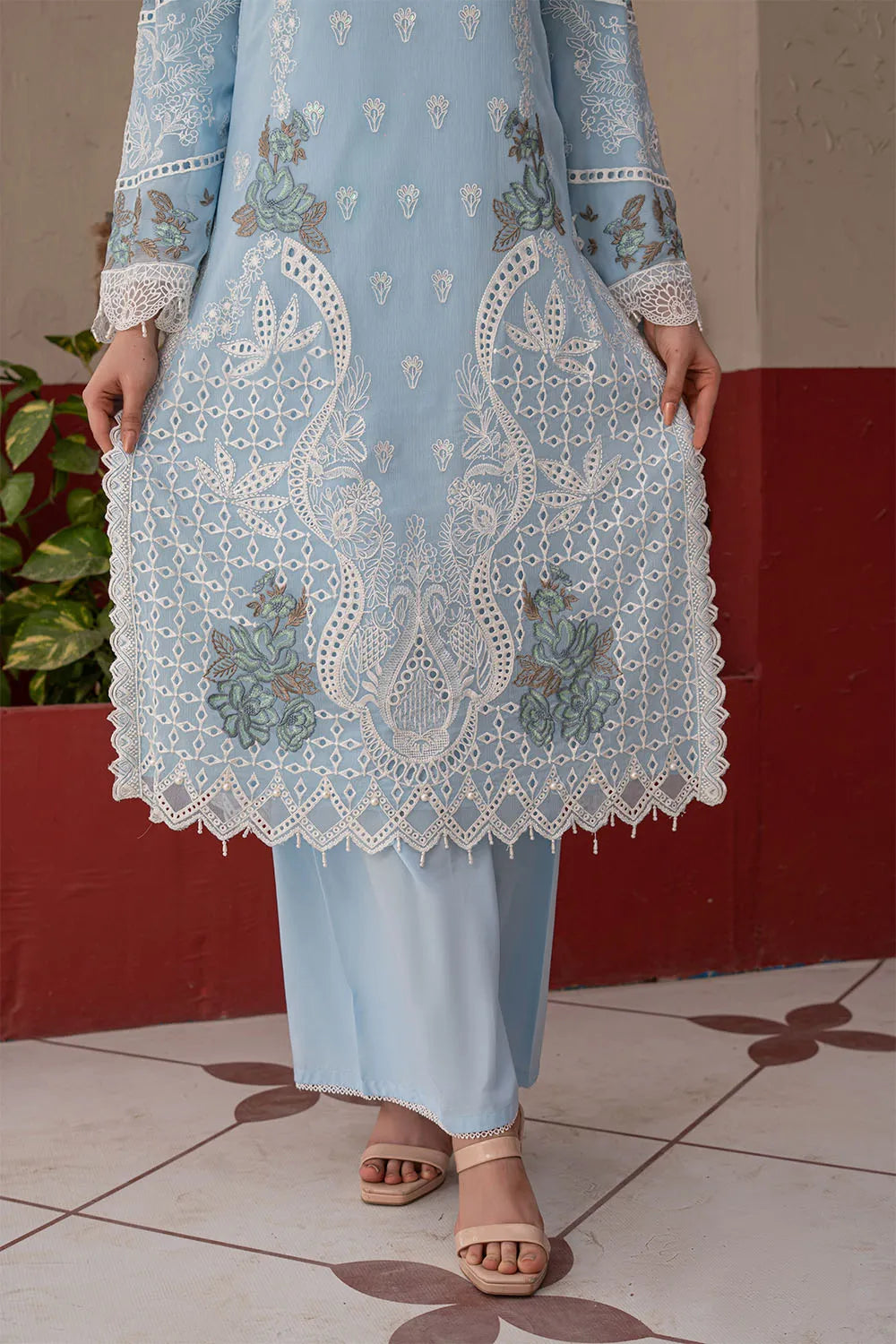 Sky blue embroidered 3-piece Pakistani suit featuring a straight-cut chiffon kurta with full lining, crepe palazzo trousers, and a matching chiffon dupatta.