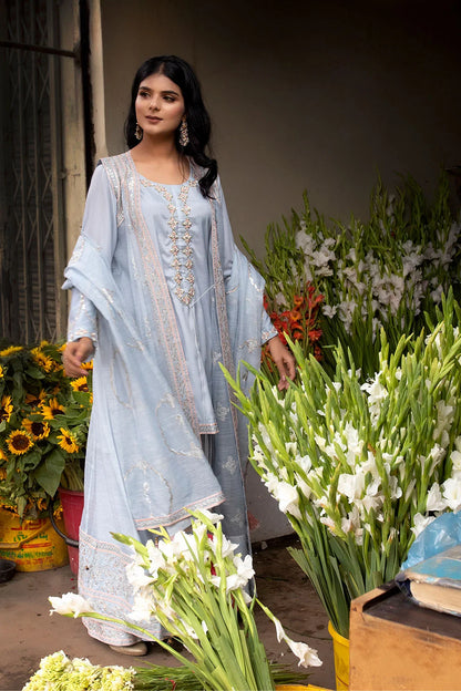 Sky Blue Embroidered Khaddi Net Flared Gown