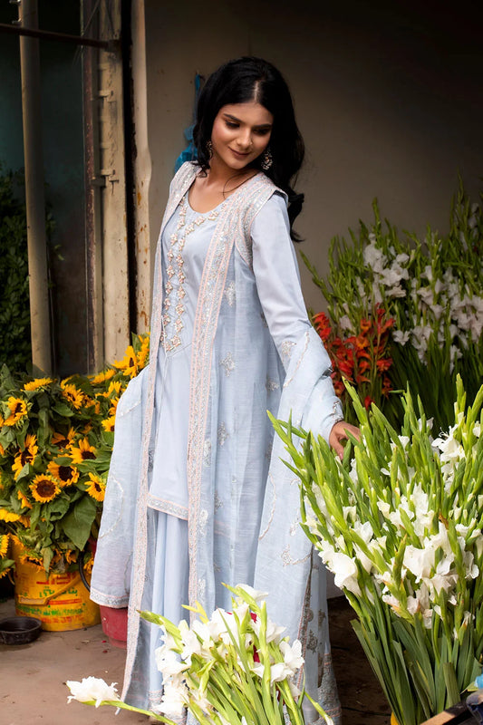 Sky Blue Embroidered Khaddi Net Flared Gown