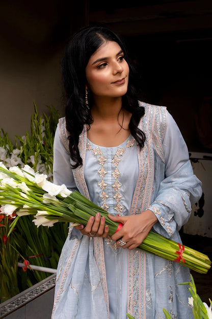 Sky Blue Embroidered Khaddi Net Flared Gown