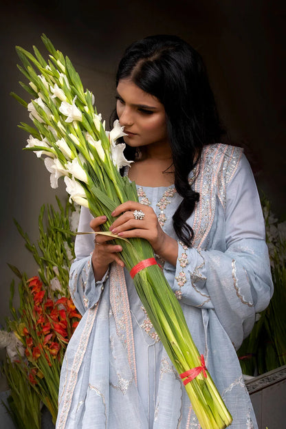 Sky Blue Embroidered Khaddi Net Flared Gown