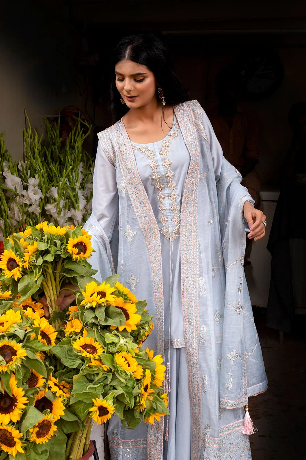 Sky Blue Embroidered Khaddi Net Flared Gown