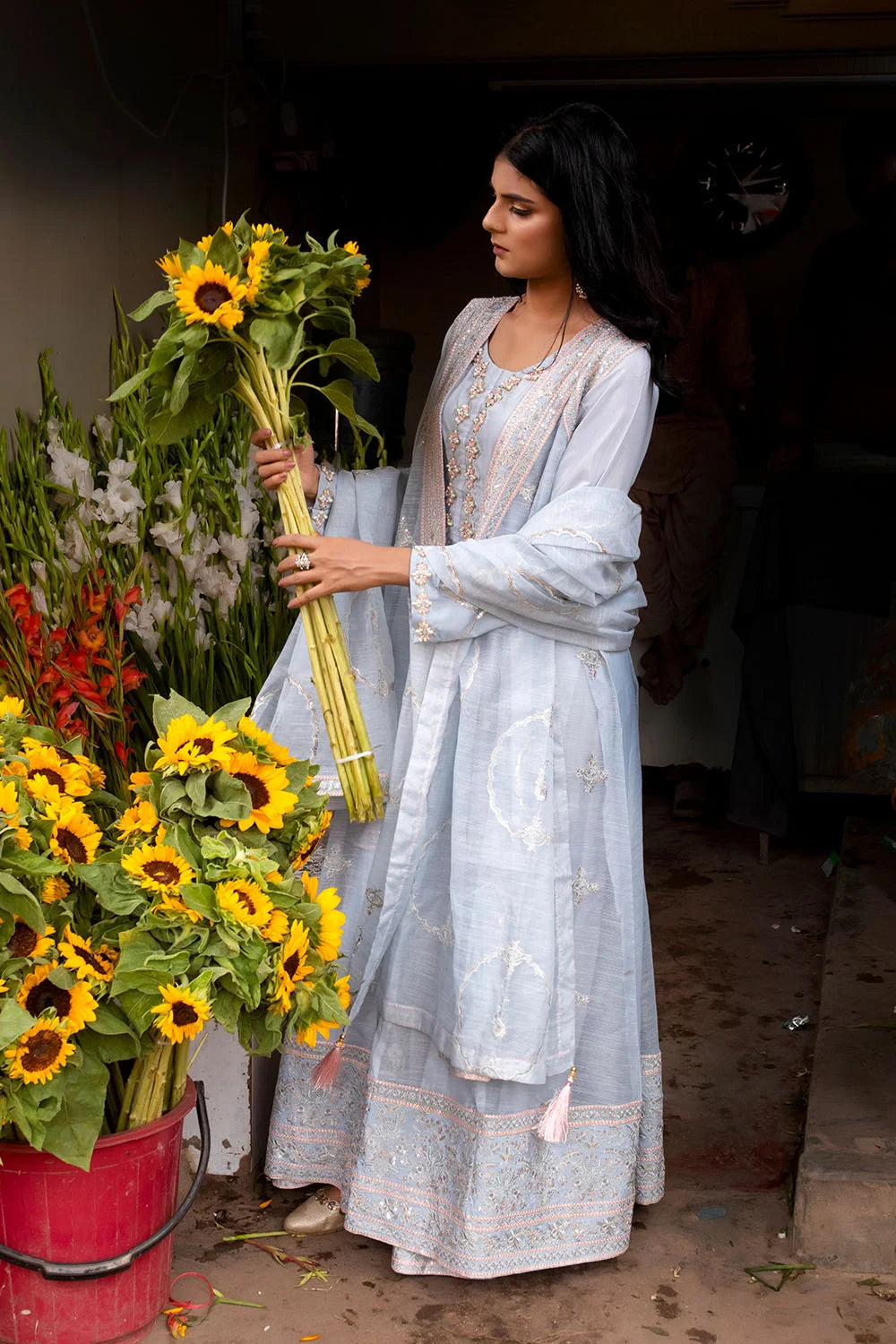 Sky Blue Embroidered Khaddi Net Flared Gown