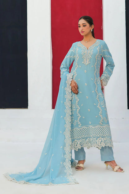 Embroidered 3-piece Pakistani suit in sky blue and peach with a straight-cut chiffon kurta, Malai lining, straight crepe trousers and chiffon dupatta