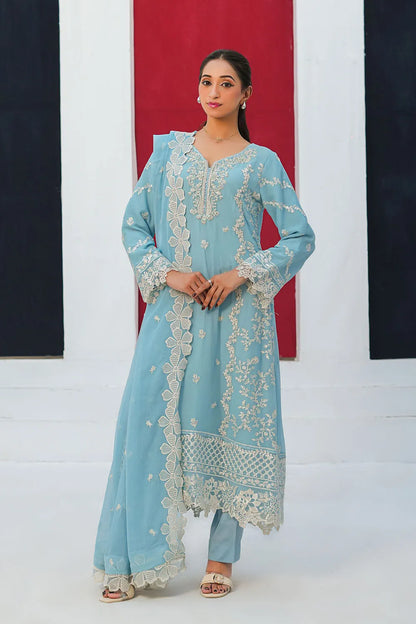 Embroidered 3-piece Pakistani suit in sky blue and peach with a straight-cut chiffon kurta, Malai lining, straight crepe trousers and chiffon dupatta