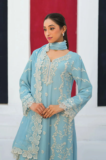Sky Blue & Peach Embroidered Chiffon 3 Piece Suit