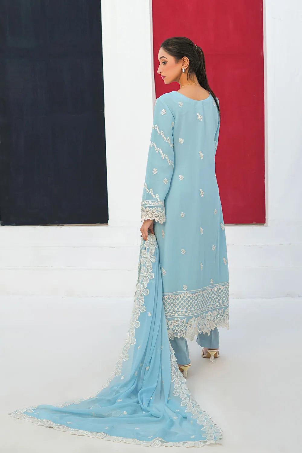 Embroidered 3-piece Pakistani suit in sky blue and peach with a straight-cut chiffon kurta, Malai lining, straight crepe trousers and chiffon dupatta