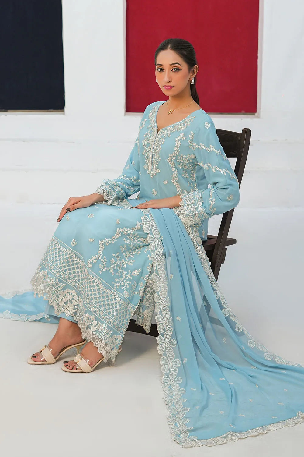 Embroidered 3-piece Pakistani suit in sky blue and peach with a straight-cut chiffon kurta, Malai lining, straight crepe trousers and chiffon dupatta