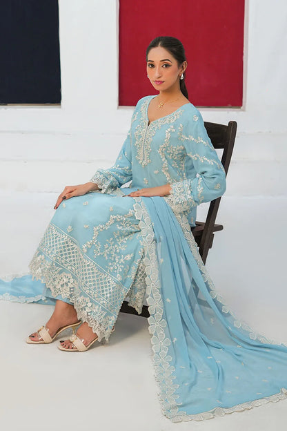 Embroidered 3-piece Pakistani suit in sky blue and peach with a straight-cut chiffon kurta, Malai lining, straight crepe trousers and chiffon dupatta
