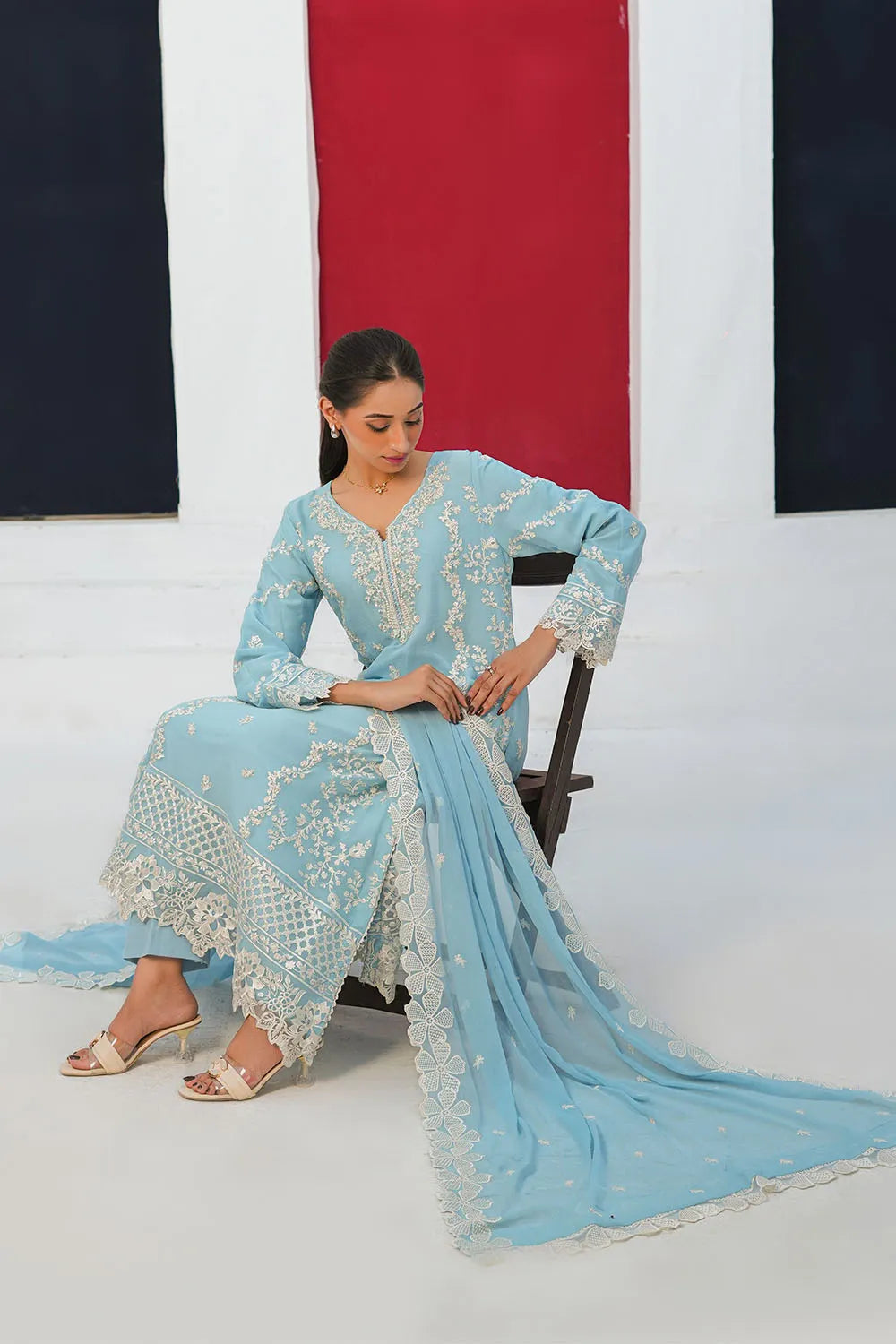 Embroidered 3-piece Pakistani suit in sky blue and peach with a straight-cut chiffon kurta, Malai lining, straight crepe trousers and chiffon dupatta