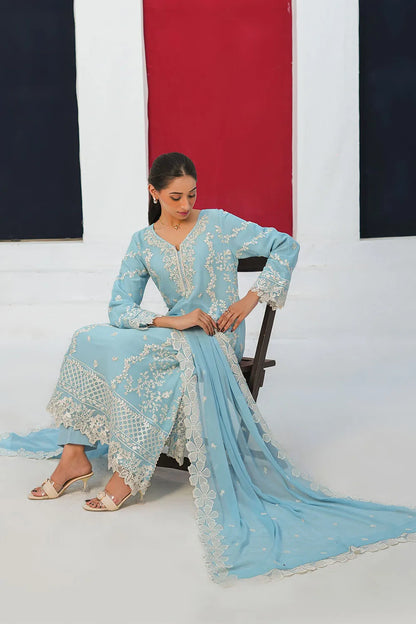 Embroidered 3-piece Pakistani suit in sky blue and peach with a straight-cut chiffon kurta, Malai lining, straight crepe trousers and chiffon dupatta