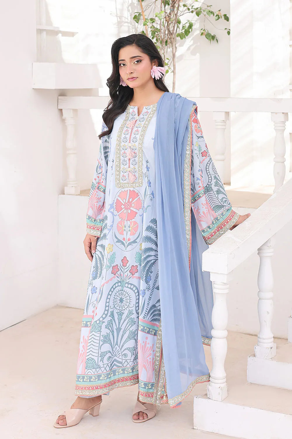 Sky blue 3-piece Pakistani suit featuring a long Bana Dora kaftan, straight Bana Dora trousers and a printed chiffon dupatta