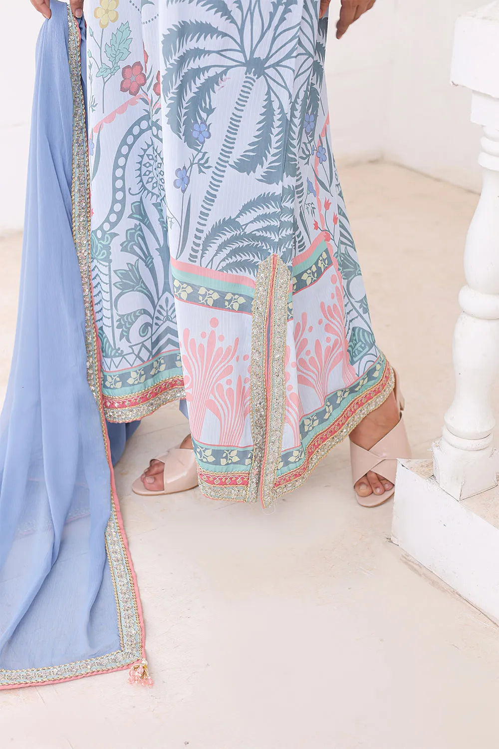 Sky blue 3-piece Pakistani suit featuring a long Bana Dora kaftan, straight Bana Dora trousers and a printed chiffon dupatta