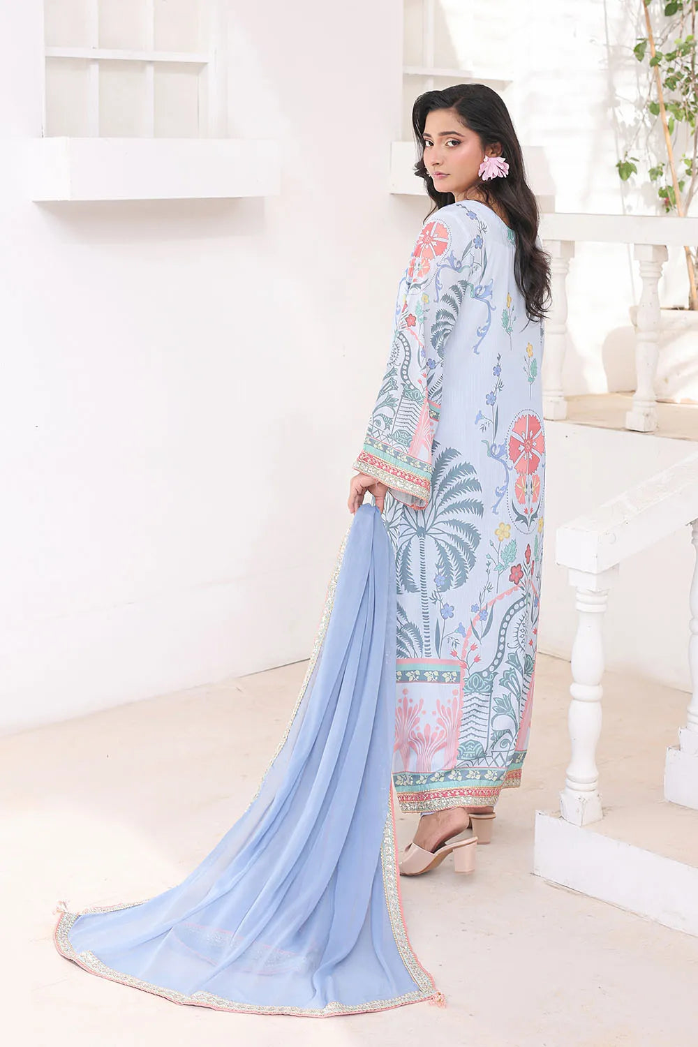 Sky blue 3-piece Pakistani suit featuring a long Bana Dora kaftan, straight Bana Dora trousers and a printed chiffon dupatta