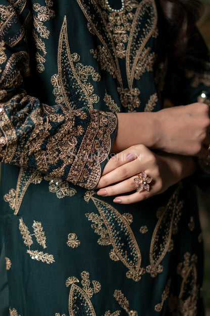 Bottle green chiffon 3-piece luxury pretwear set with embroidered dupatta and silk trouser – SF-1175.