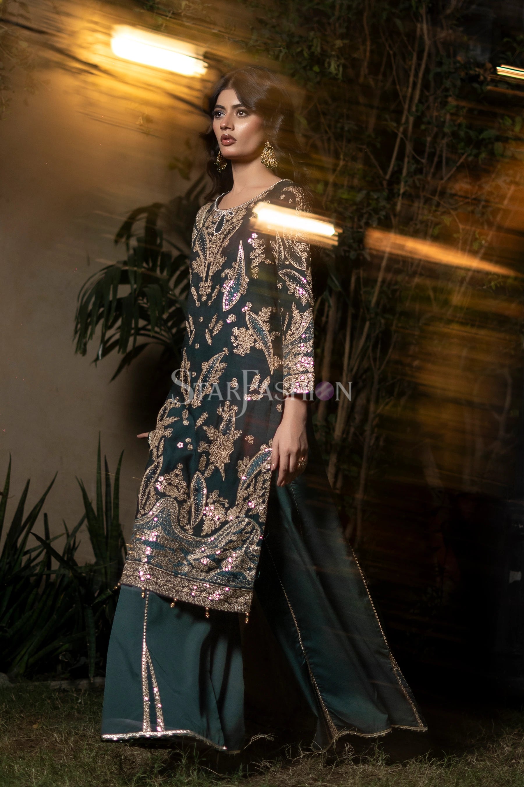 Embroidered bottle green chiffon dupatta from SF-1175 luxury pretwear set.