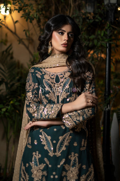 Chiffon fabric close-up in bottle green luxury pret outfit – SF-1175.