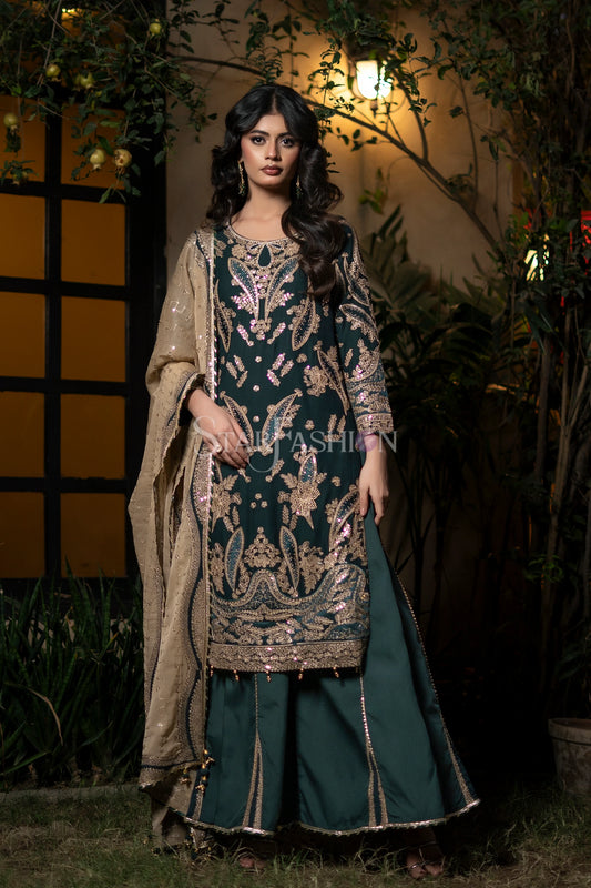 Bottle green chiffon luxury pretwear front view with embroidered dupatta – SF-1175